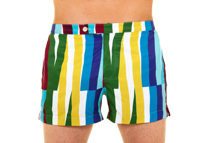 Colorful striped men's swim trunks