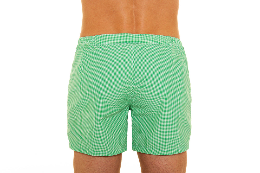 Back view of a person wearing green checkered shorts