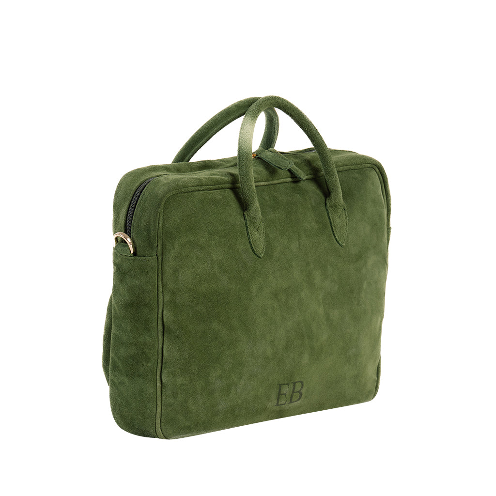 Green suede laptop bag with handles and EB monogram