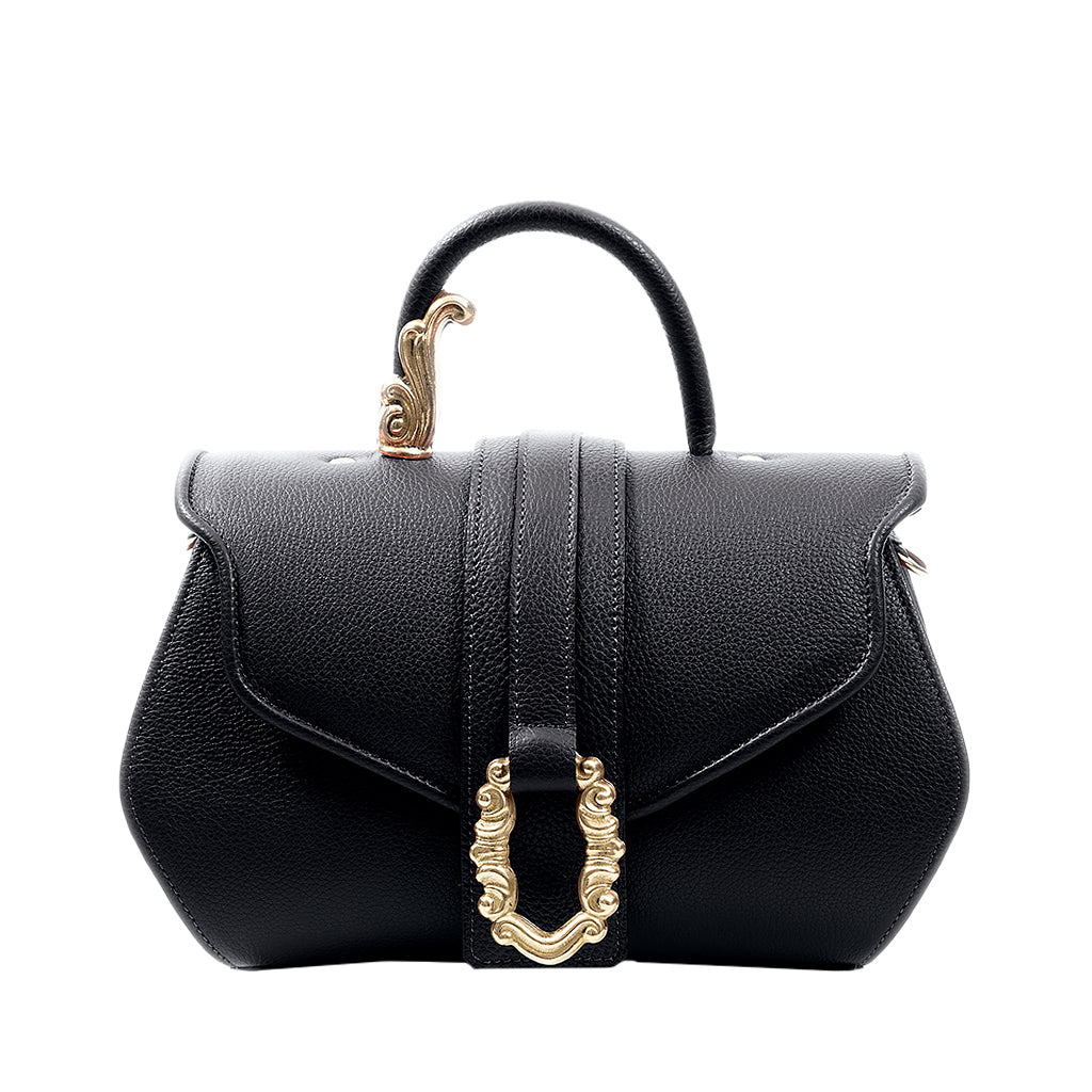 Black leather handbag with gold ornate buckle and top handle