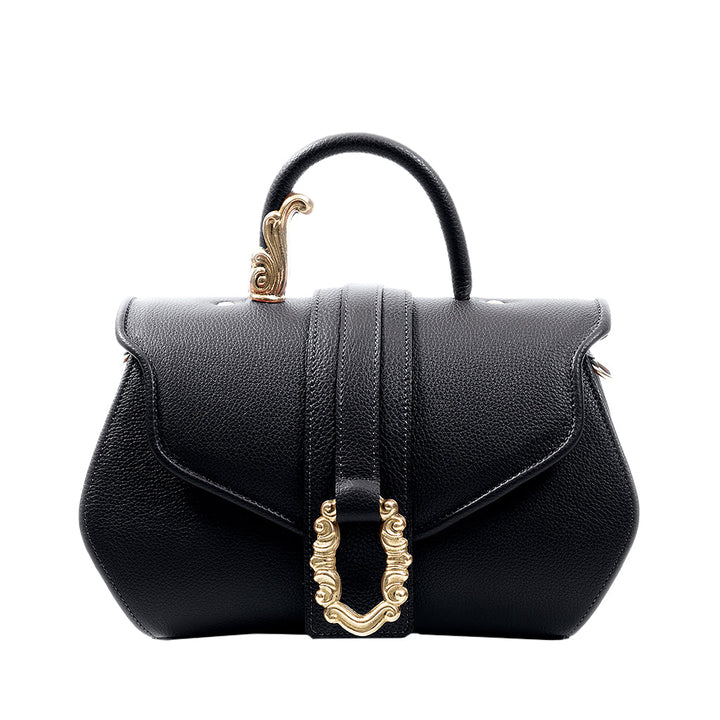 Black leather handbag with gold ornate buckle and top handle