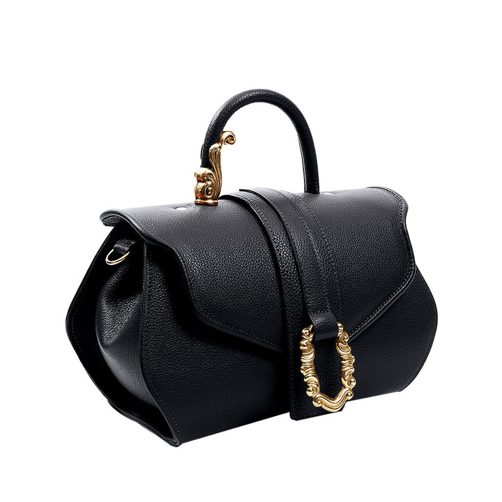 Luxurious black leather handbag with gold decorative accents