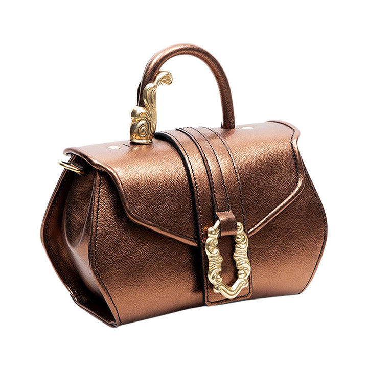 Elegant brown leather handbag with gold hardware and ornate handle