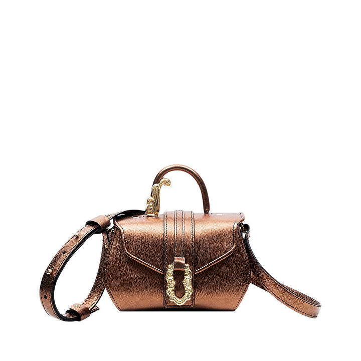 Bronze leather handbag with decorative gold accents and adjustable strap