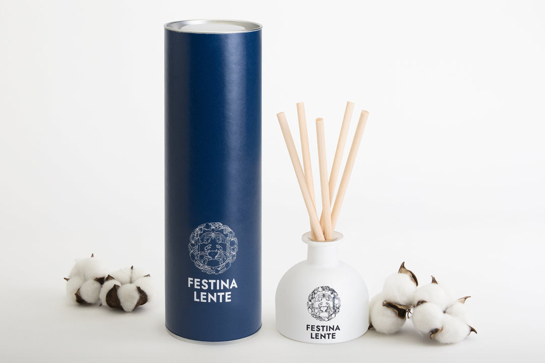 Festina Lente scented diffuser set with blue packaging and cotton flowers