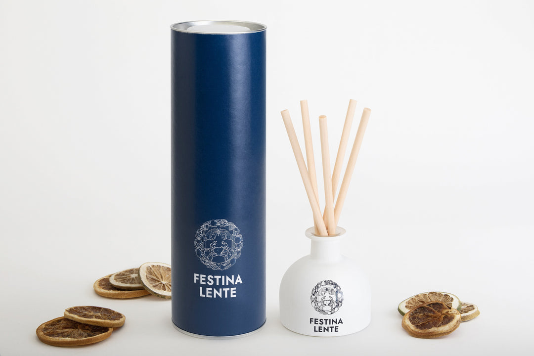 Festina Lente reed diffuser set with dried citrus slices