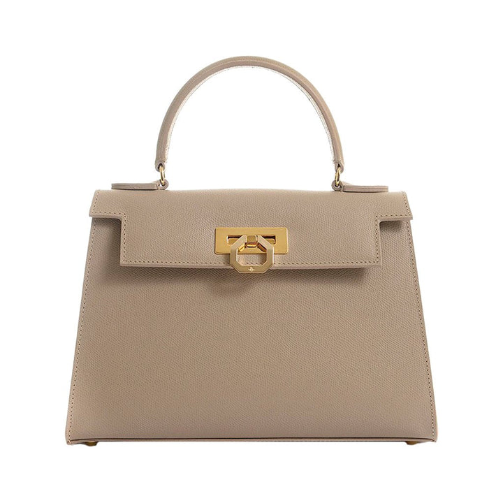 Beige leather handbag with gold clasp and top handle