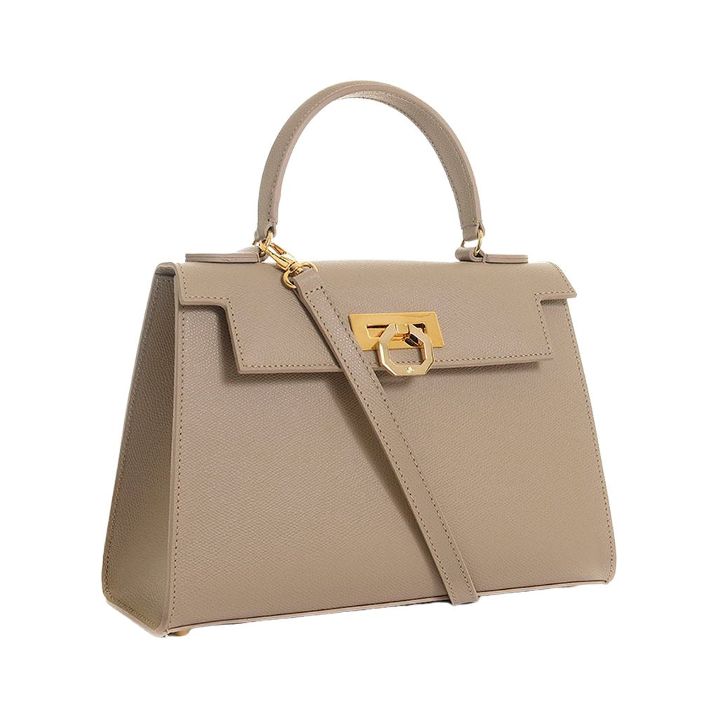 Luxury beige designer handbag with top handle and gold clasp