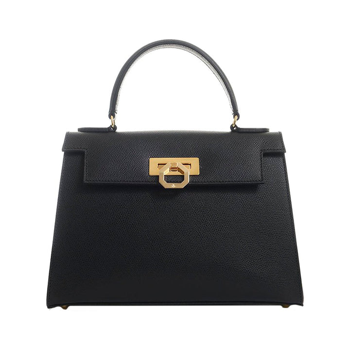 Black leather designer handbag with gold hardware and top handle