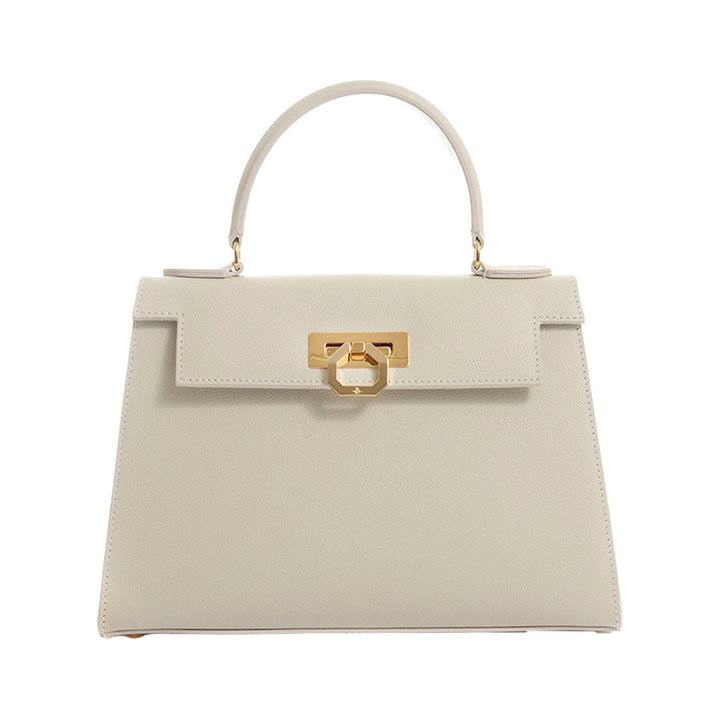 Beige leather handbag with gold clasp and top handle