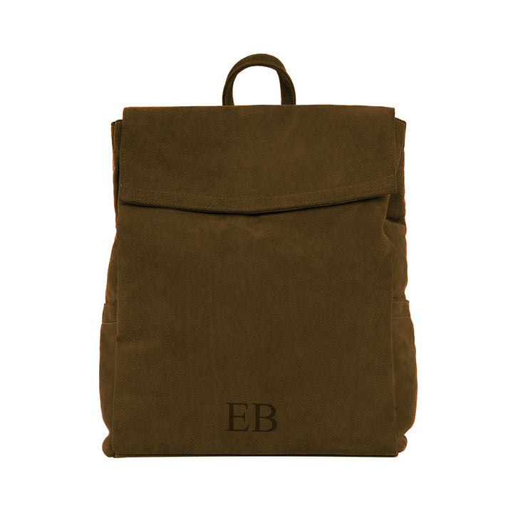 Brown suede backpack with initials EB on the front flap