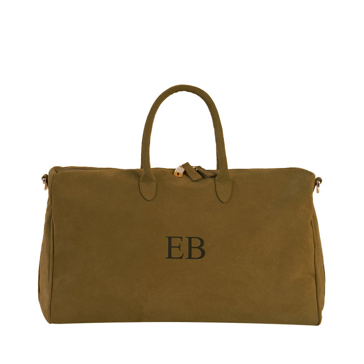 Olive green suede weekend bag with 'EB' monogram