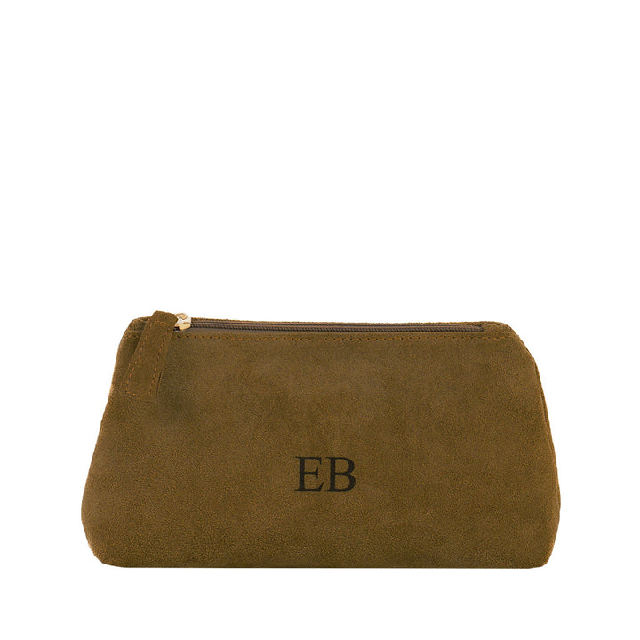 Brown suede cosmetic pouch with zipper and monogram EB on the front