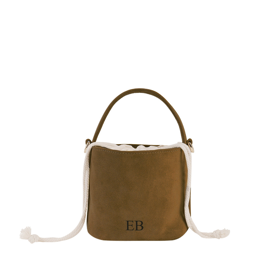 Brown leather handbag with rope handles and EB initials