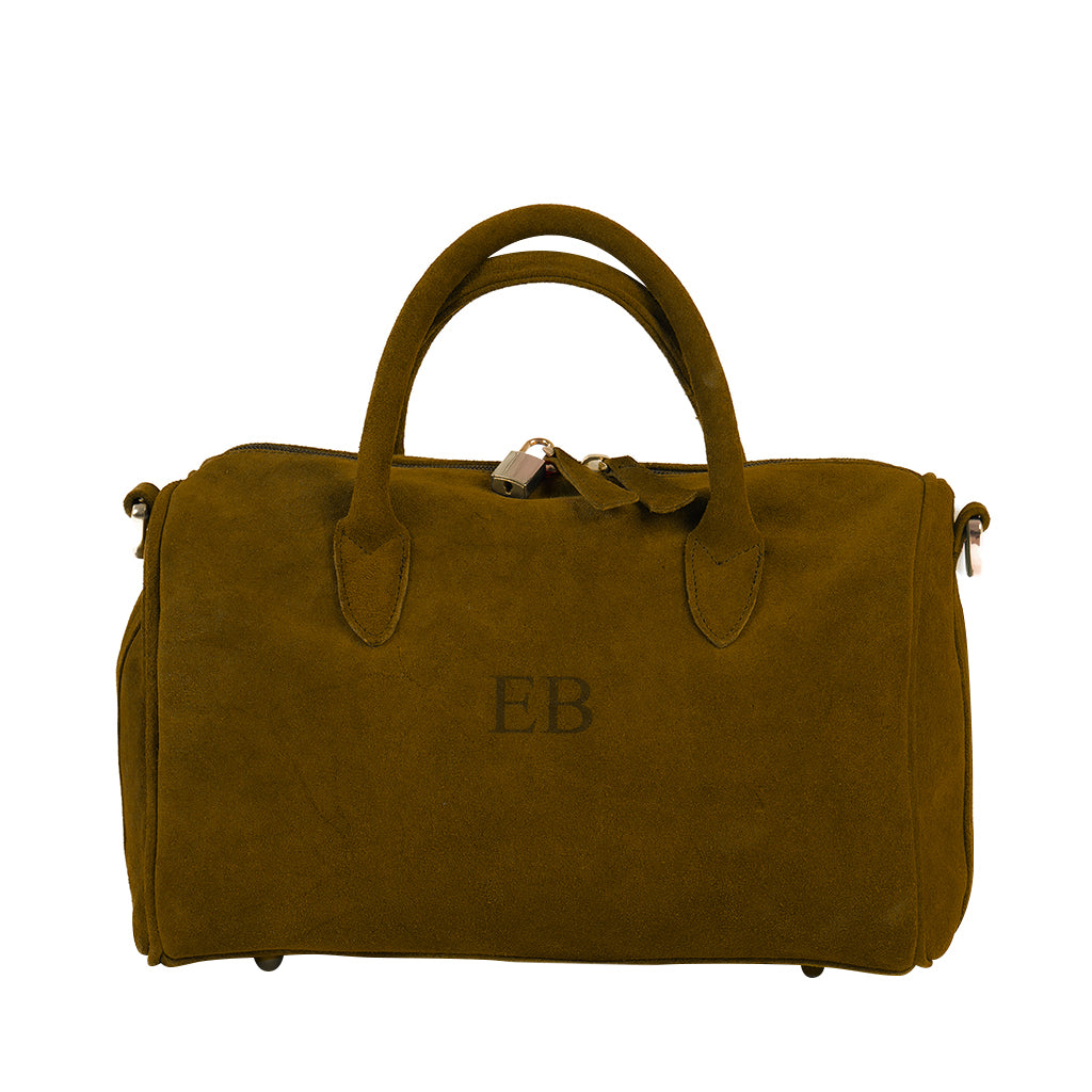 Olive green suede handbag with initial monogram EB on the front