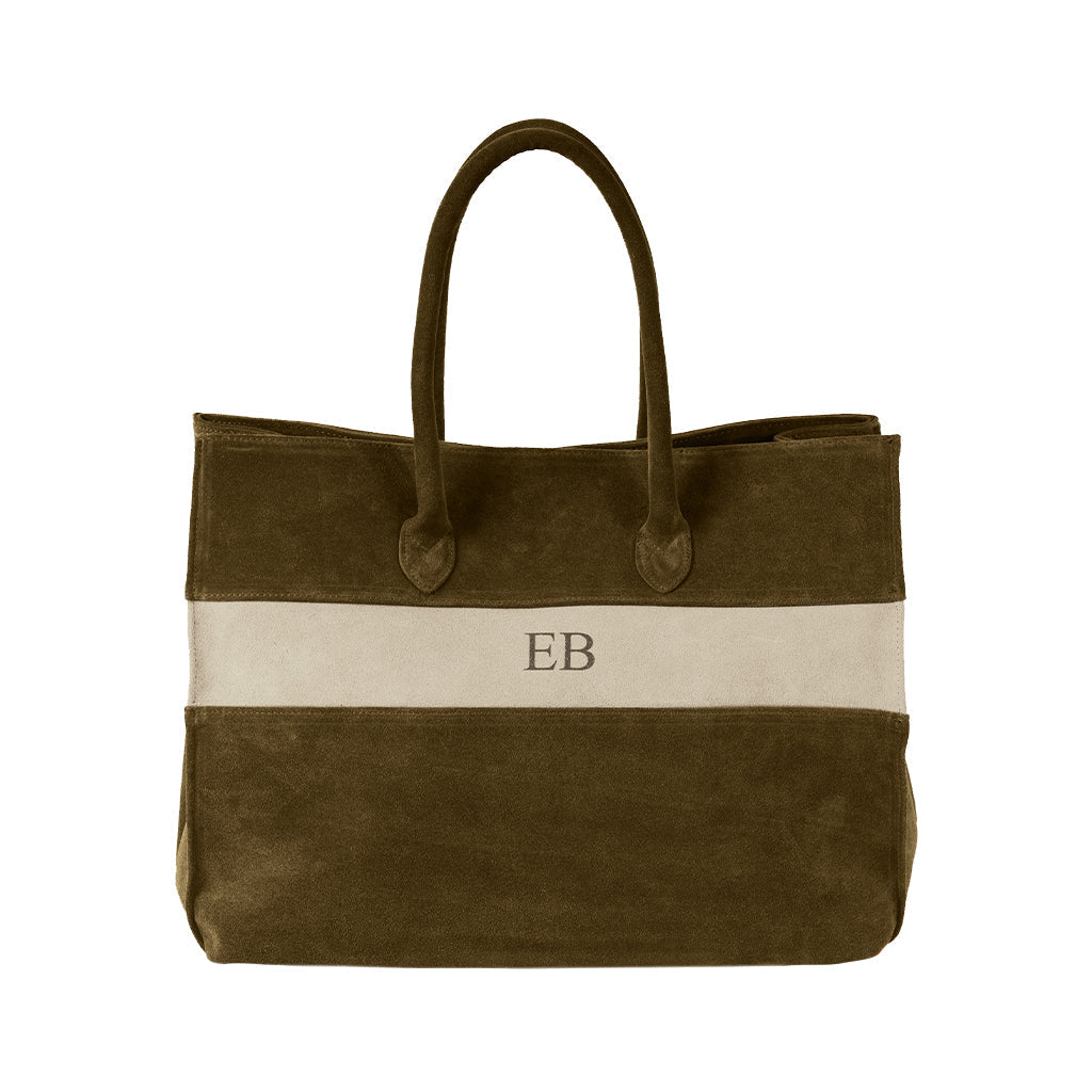 Tan and brown suede tote bag with monogram initials 'EB'