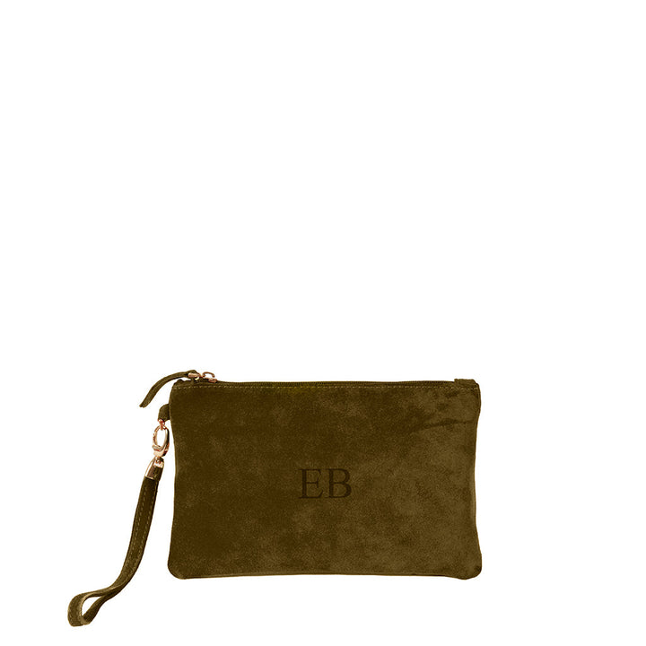 Olive green suede wristlet pouch with zipper and monogram EB