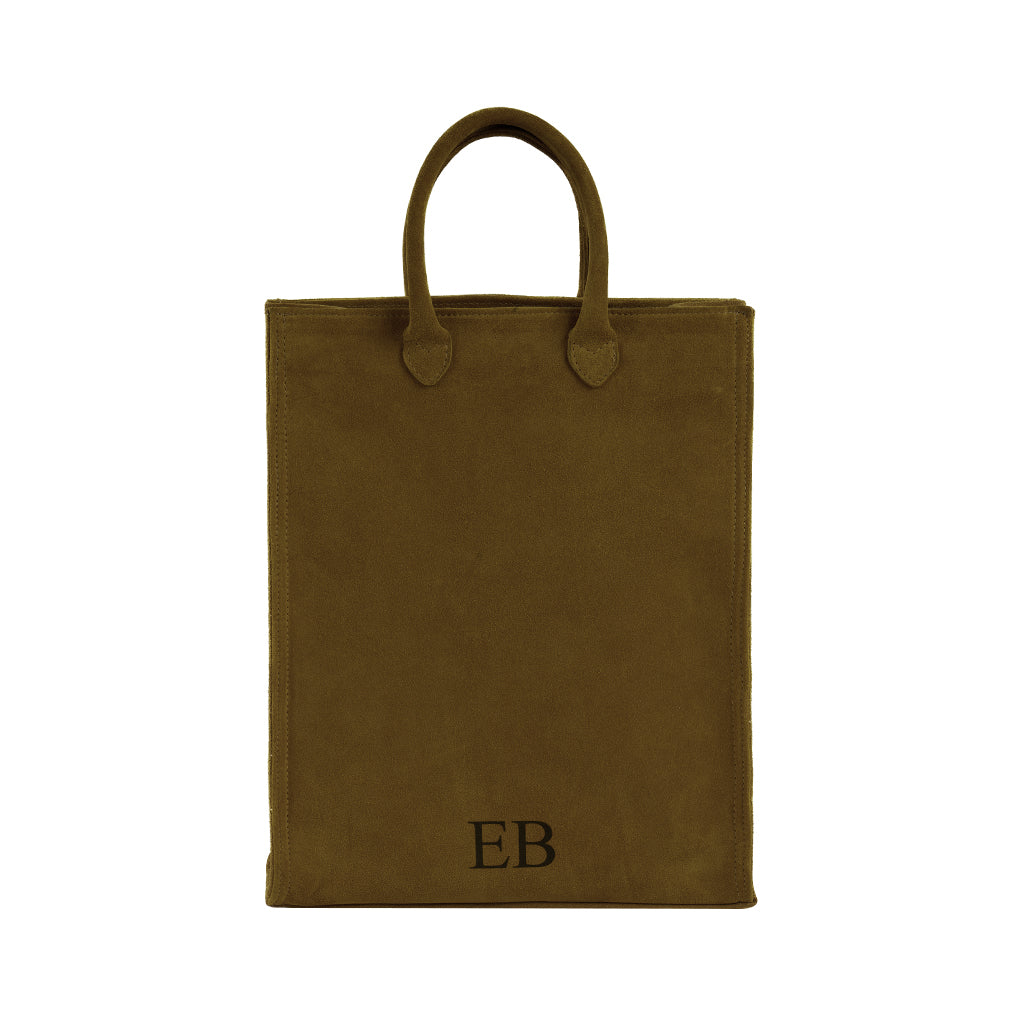 Brown suede tote bag with monogram EB and double handles