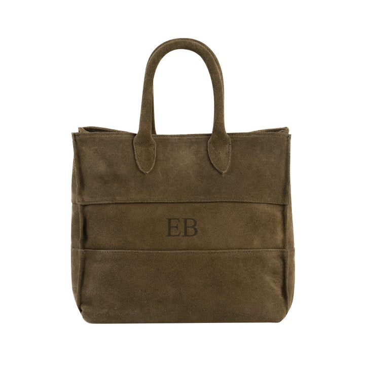 Brown suede tote bag with monogrammed 'EB'