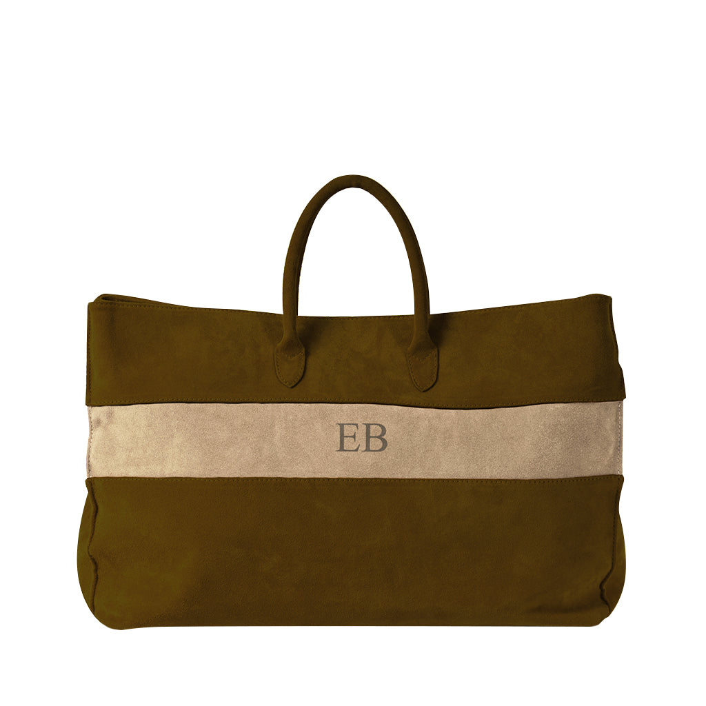 Olive green and beige suede tote bag with monogram 'EB'