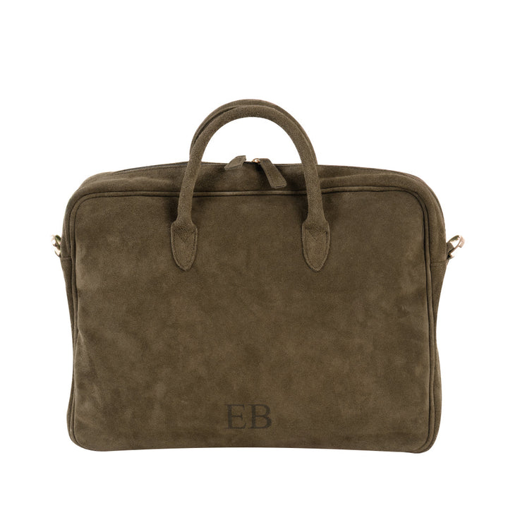 Olive green suede briefcase with embossed initials EB and dual handles