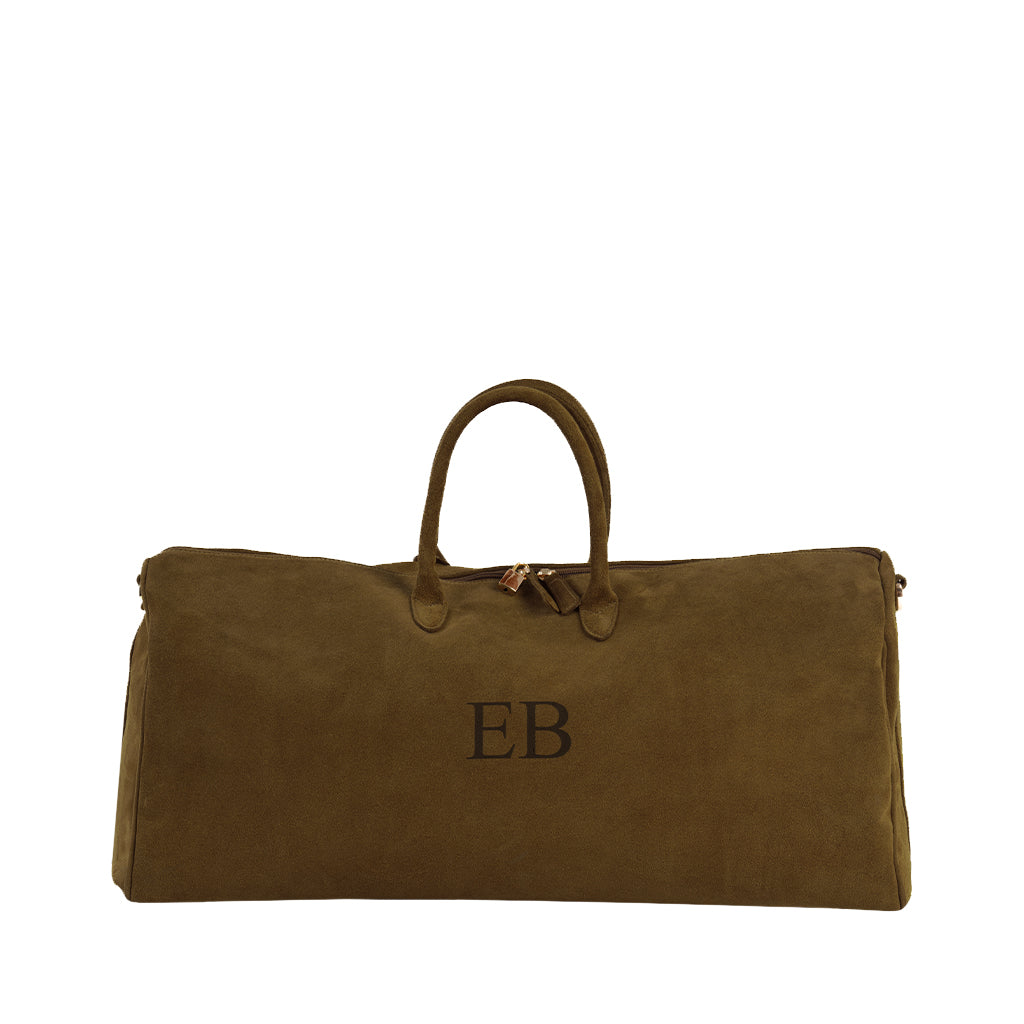 Brown suede duffle bag with EB initials and carrying handles