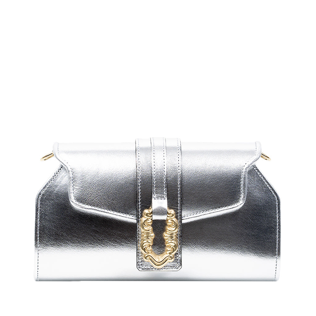 Metallic silver clutch with gold clasp
