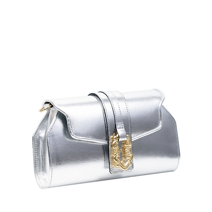 Elegant silver clutch purse with gold decorative clasp