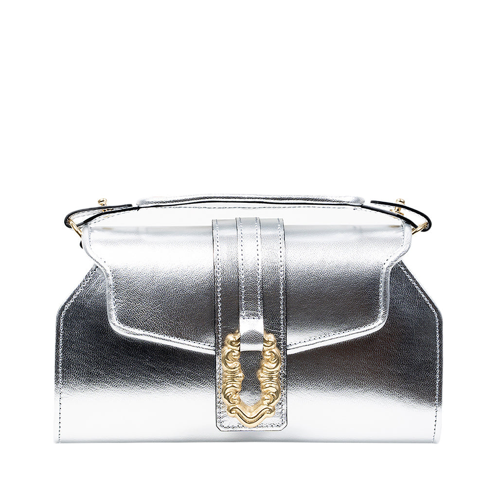 Silver metallic handbag with gold details and top handle