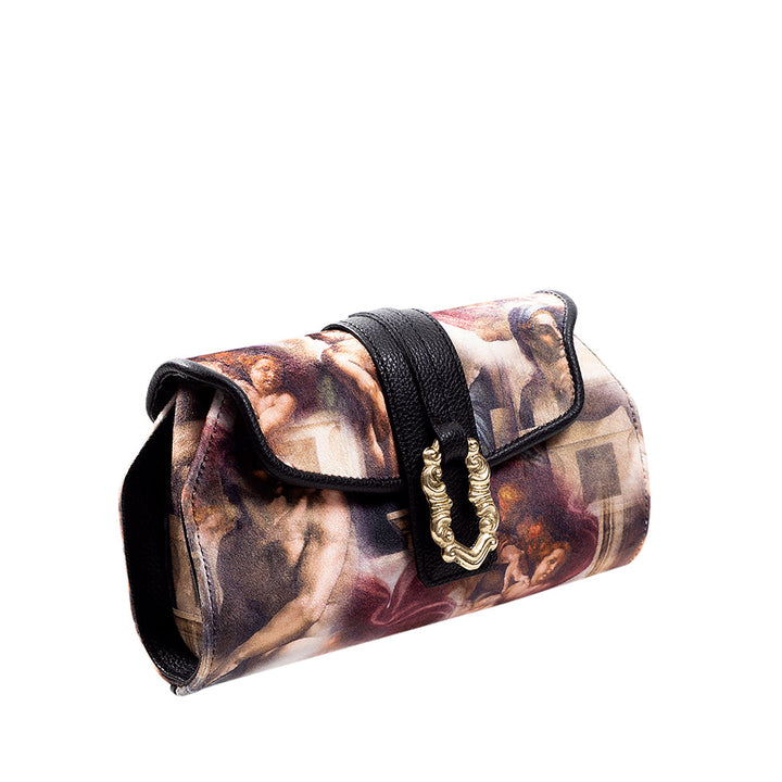 Baroque-style clutch purse with artistic print and black leather strap
