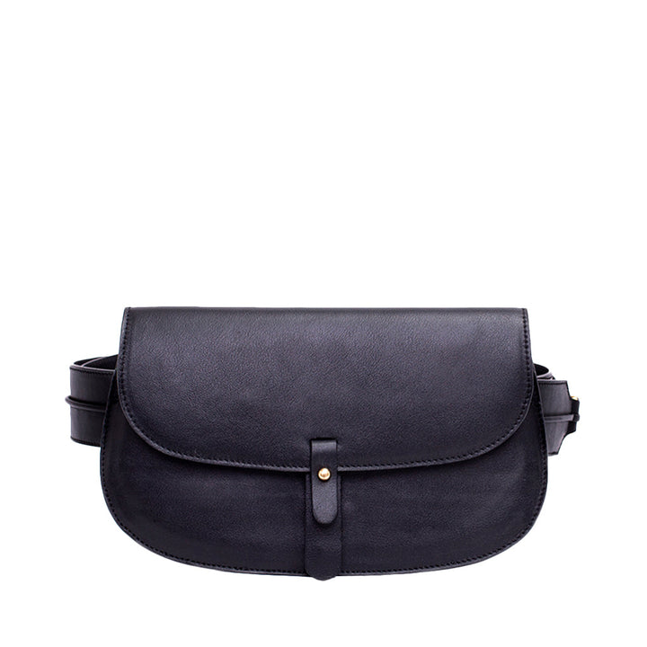 Black leather crossbody bag with front flap and brass stud closure