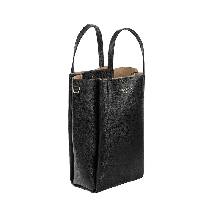 Black leather tote bag with dual handles and minimalist design