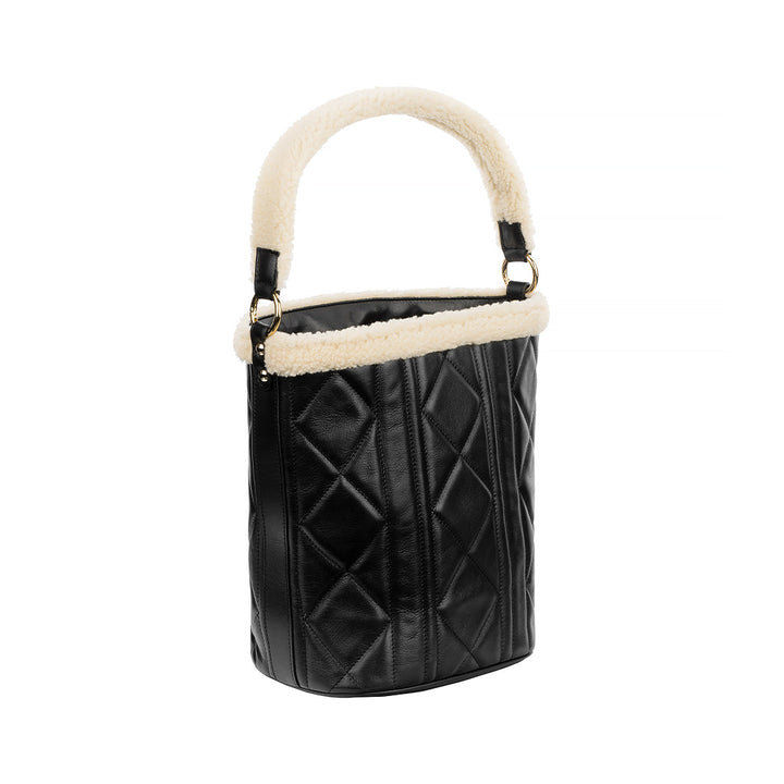 Black quilted leather bucket bag with white sherpa trim and handle