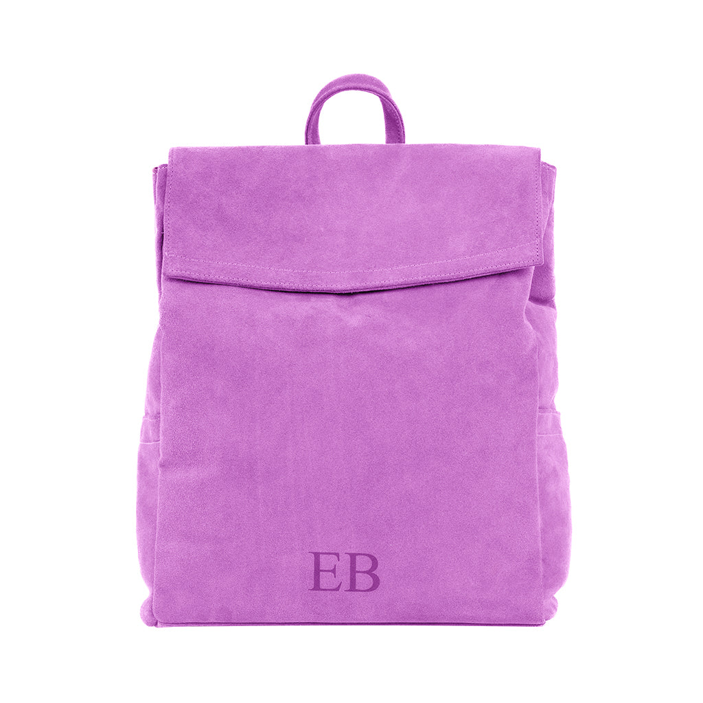 Purple suede backpack with front flap and EB initials