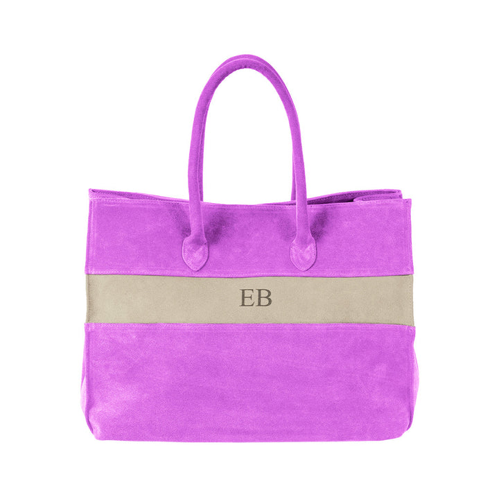 Purple suede handbag with beige stripe and monogram initials EB