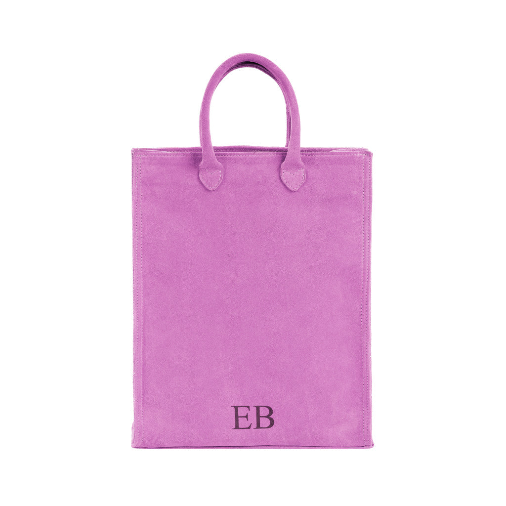 Purple suede handbag with EB monogram, featuring sturdy handles