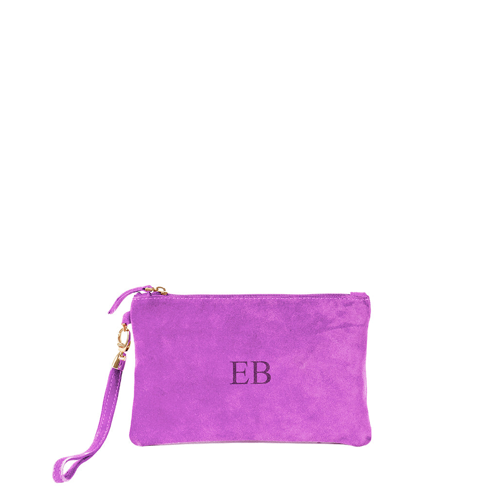 Purple suede clutch with monogram EB and wrist strap