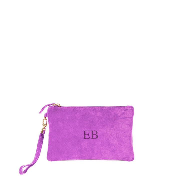 Purple suede clutch with monogram EB and wrist strap