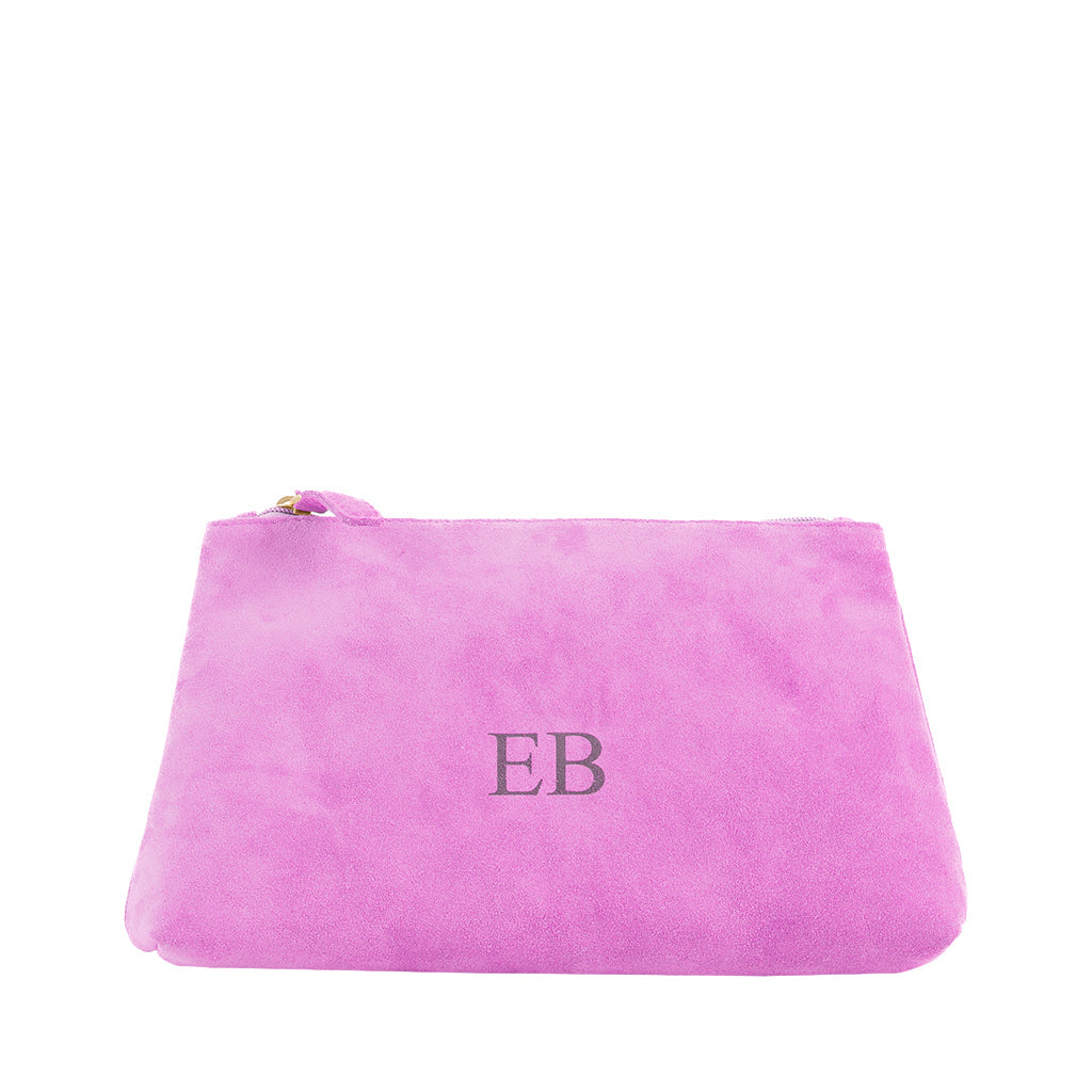 Pink suede clutch purse with zipper and initials EB