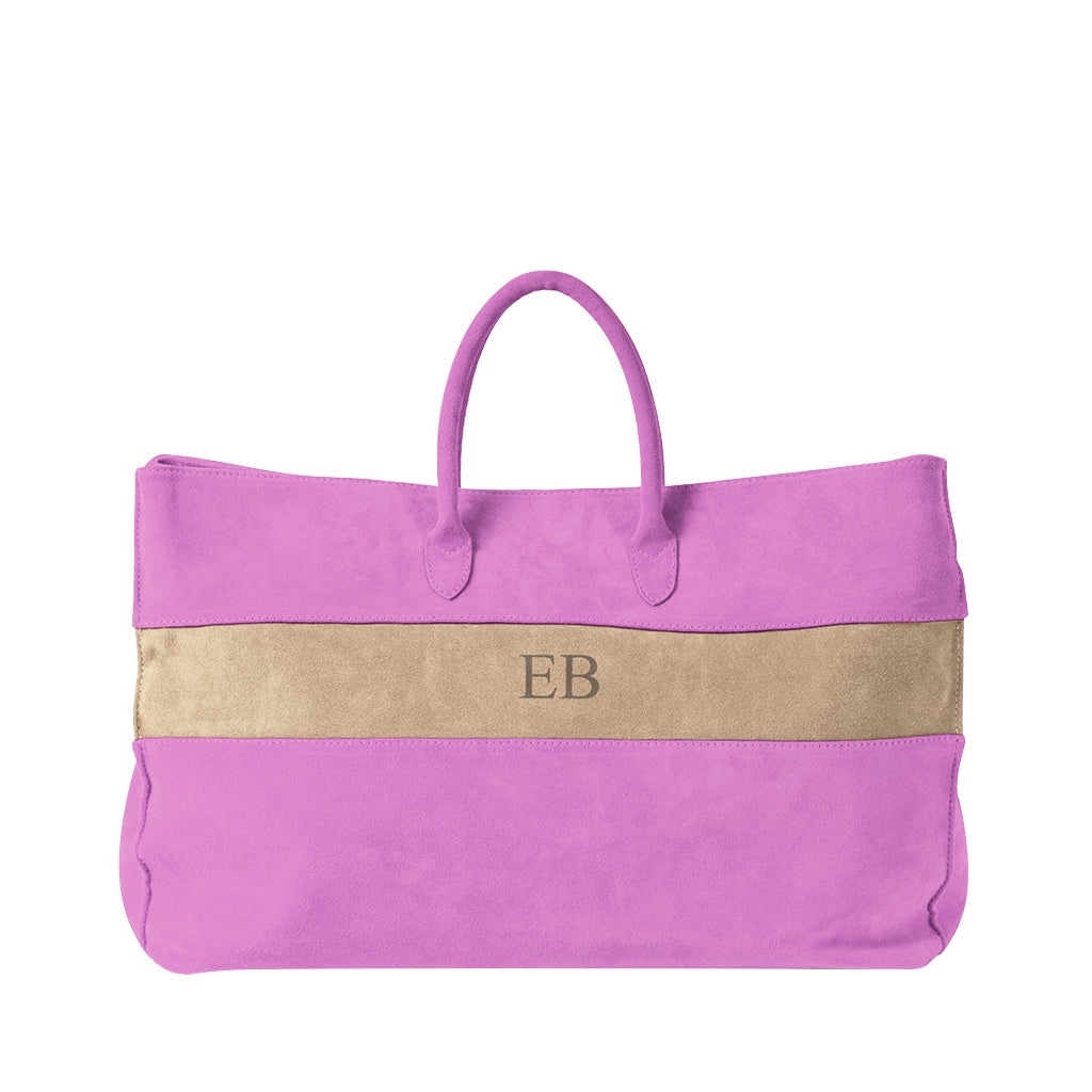 Purple and beige suede tote bag with monogram initials 'EB' on the front