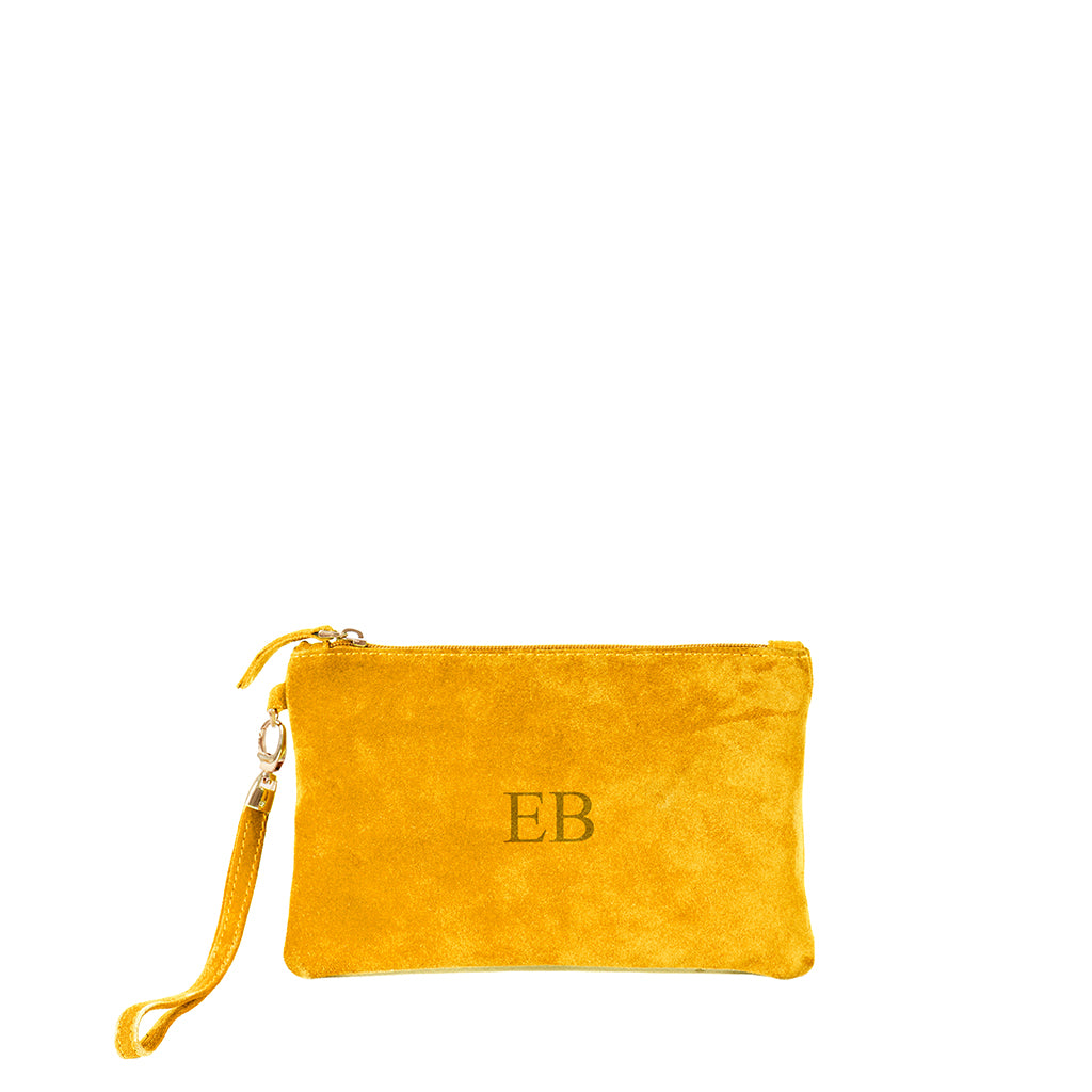 Yellow suede clutch with wrist strap and EB monogram