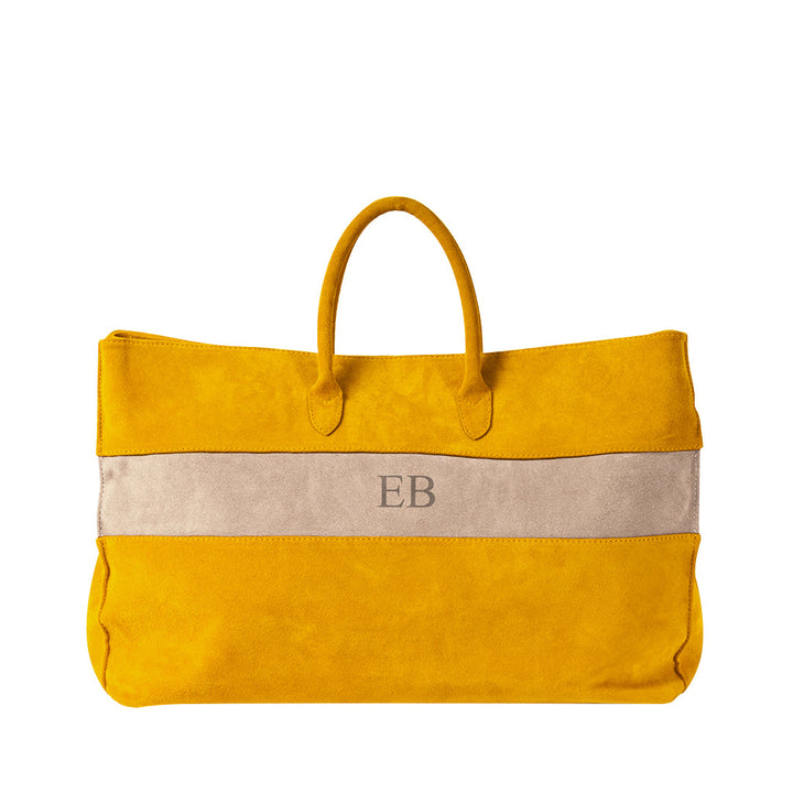 Yellow suede tote bag with beige accent and monogram initials EB on front