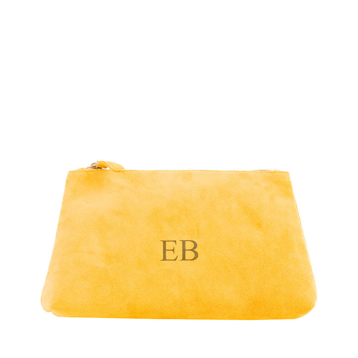 Yellow suede clutch bag with initial monogram EB and zip closure