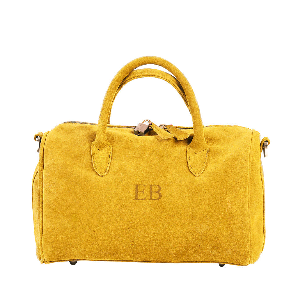 Yellow suede handbag with EB monogram and gold hardware