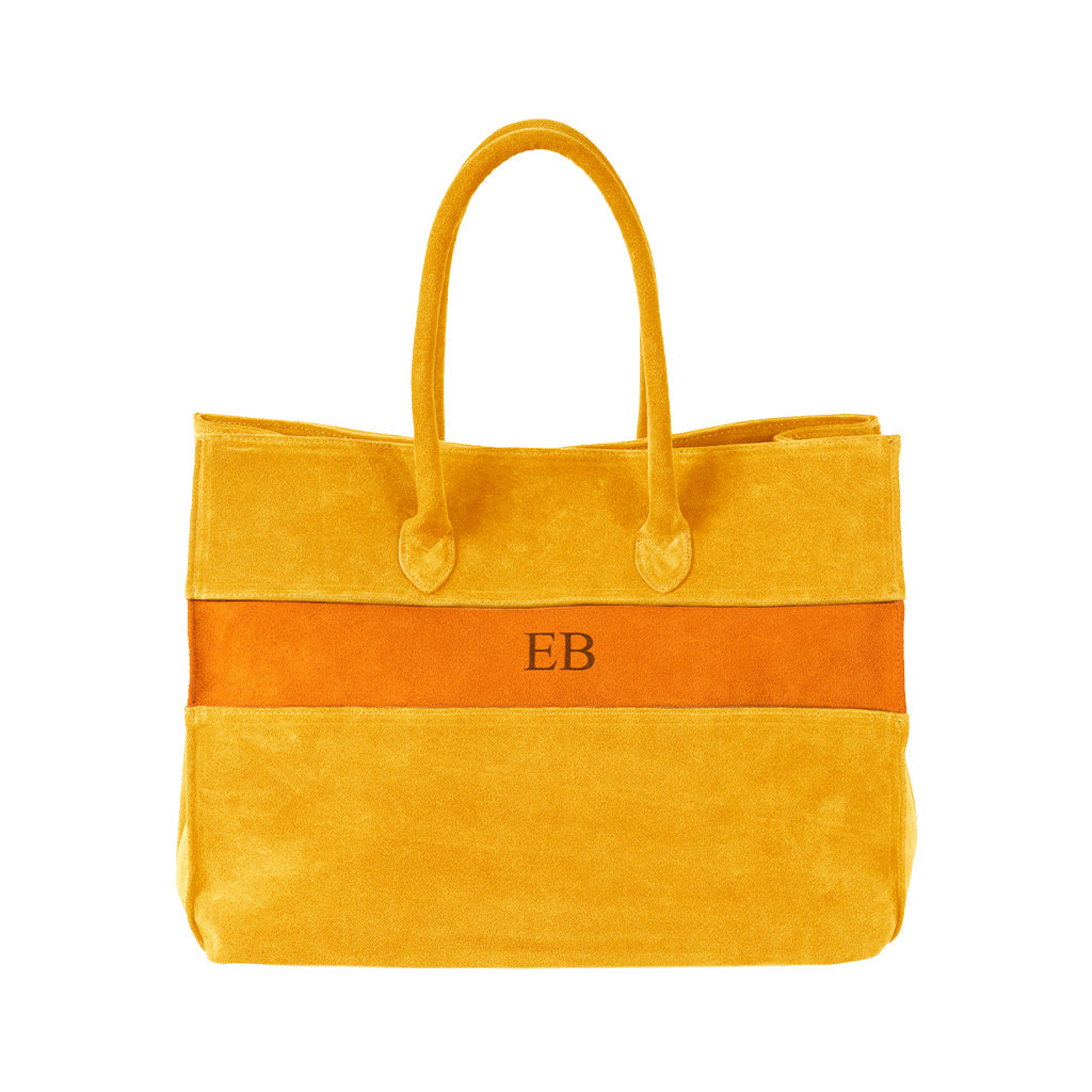 Yellow suede tote bag with orange stripe and EB monogram