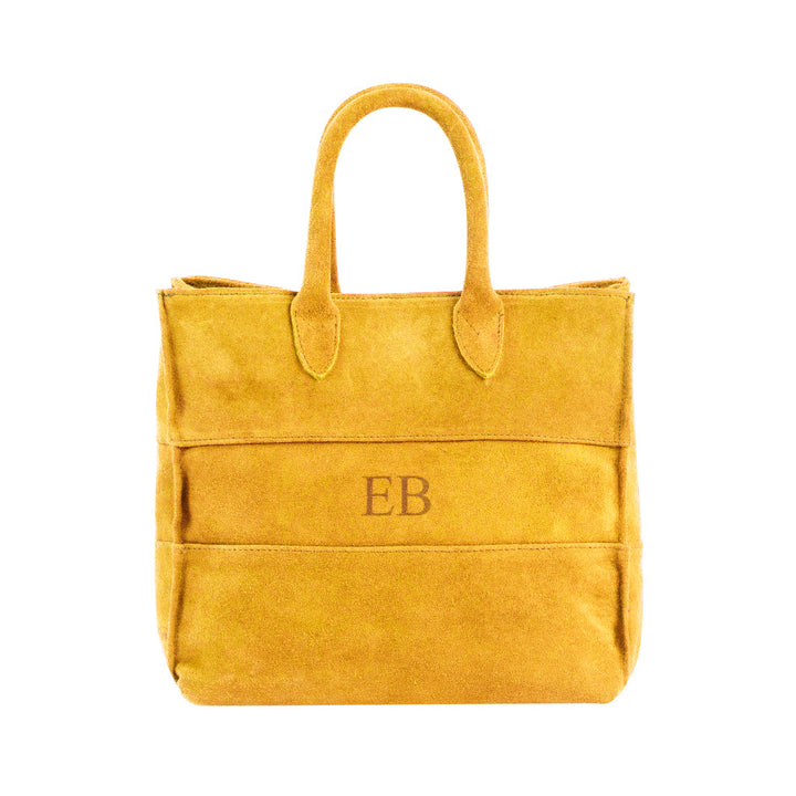 Yellow suede tote bag with monogram EB and top handles