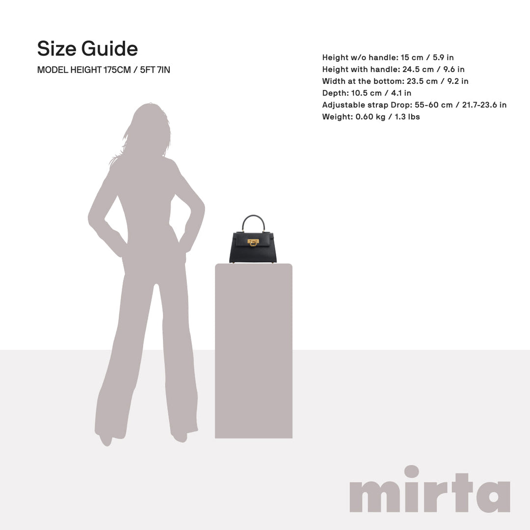 Model demonstrating handbag size on pedestal next to dimensions chart and Mirta logo