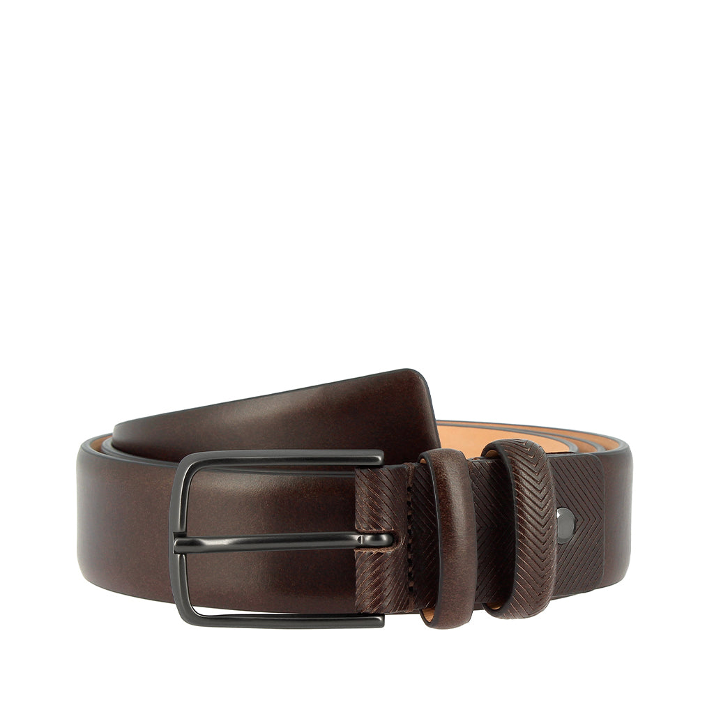 Elegant dark brown leather belt with black metal buckle
