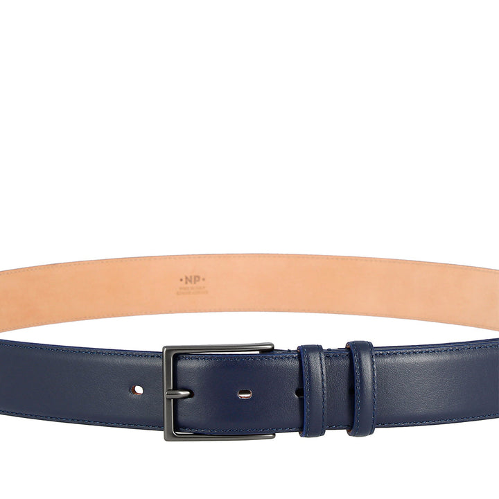 Dark blue leather belt with metal buckle on white background