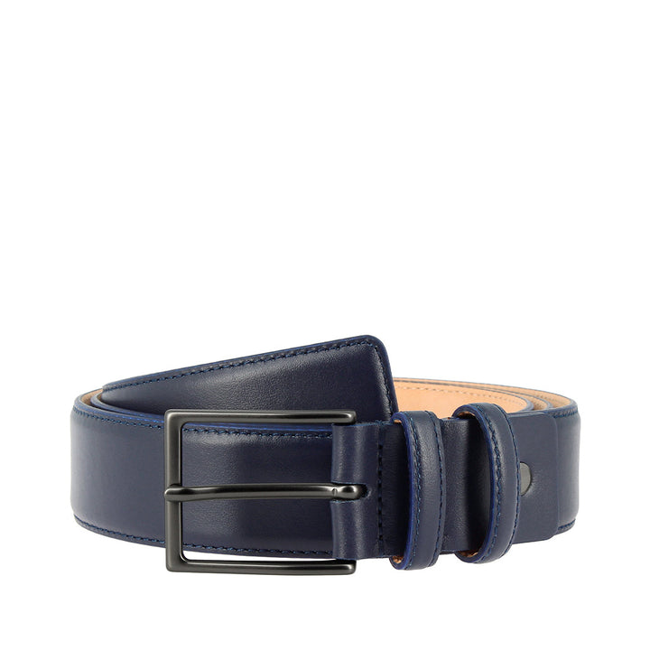 Elegant navy blue leather belt with a sleek black buckle